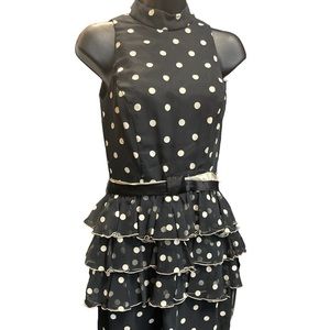 50’s Ruffled Tiered Sleeveless Peplum Style Dress Black/White Polka Dot